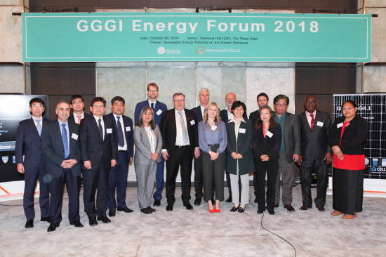 한화큐셀이 30일 글로벌녹색성장연구소와 개최한 'GGGI Energy Forum 2018'에는 프랭크 리즈버만 글로벌녹색성장연구소 사무총장을 비롯한 국내외 에너지 분야 주요 인사 80여명이 참석했다. ⓒ 한화큐셀