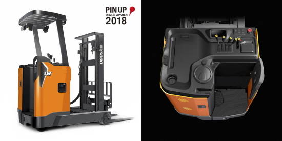 '2018 핀업 디자인 어워즈'에서 최고상 '베스트 오브 베스트'를 수상한 두산 전동입승식 지게차. ⓒ 두산