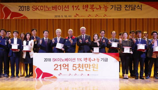 SK이노베이션이 지난해 5월 12개 기금 수혜 복지기관 관계자들이 참석한 가운데 '1% 행복나눔 기금' 전달식을 가졌다. ⓒ SK이노베이션