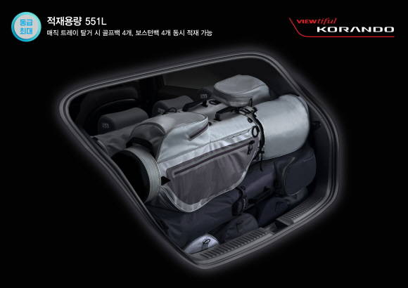 신형 코란도는 동급최대 551ℓ 적재공간을 갖췄으며, 골프백 4개와 보스턴백 4개를 동시에 수납 가능하다. ⓒ 쌍용자동차