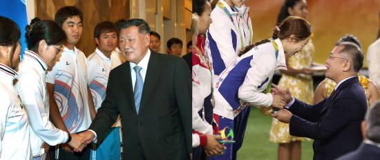 2008년 베이징 대회 직후 양궁 대표단 선전을 축하하기 위한 '양궁인의 밤' 행사에서 여자 단체전 금메달리스트 박성현 선수와 악수하고 있는 정몽구 현대차그룹 회장(좌). 리우 대회 여자 단체전 시상식에서 금메달을 획득한 장혜진 선수에게 기념품을 전달하고 있는 정의선 부회장(우). Ⓒ 현대자동차