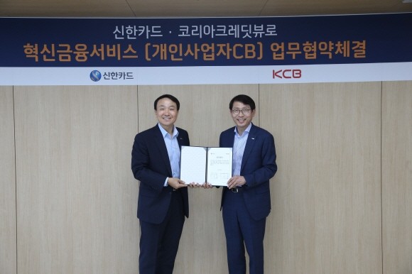 신한카드는 코리아크레딧뷰로(KCB)와 신용평가 사업 협업을 위한 전략적 제휴 협약식을 가졌다. 이날 협약식은 문동권 신한카드 경영기획그룹장(왼쪽), 김용봉 KCB 부사장(오른쪽) 등이 참석한 가운데 서울 을지로 신한카드 본사 파인에비뉴에서 개최됐다. ⓒ 신한카드
