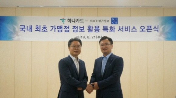 '개인사업자 특화 서비스' 오픈식에서 (왼쪽부터) 정성민 하나카드 디지털사업본부장, 김종윤 NICE평가정보 CB사업2본부장이 사진 촬영에 임하고 있다. ⓒ 하나카드