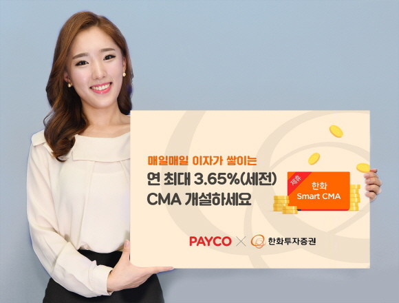 한화투자증권이 페이코와 손잡고 연말까지 'PAYCO 한화 Smart CMA' 시즌3를 실시한다. PAYCO 앱에서 비대면으로 가입 가능하며, 최대 300만원 한도로 가입시점부터 365일간 연 3.65% 우대 금리를 제공한다. ⓒ 한화투자증권
