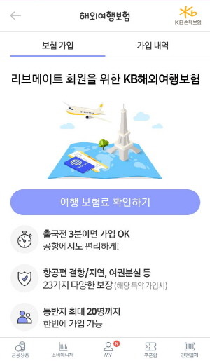 KB손해보험이 '오픈 응용프로그램 인터페이스' 기술을 이용해 쉽고 간편하게 가입할 수 있는 '단체 해외여행보험 가입시스템'을 개발하고 KB국민카드 리브메이트에 오픈했다. ⓒ KB손해보험
