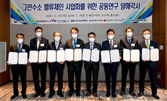 현대차를 비롯해 △현대엔지니어링 △현대차증권 △새만금개발청 △새만금개발공사 △LG전자 △한국서부발전 △수소에너젠이 서울 드래곤시티호텔에서 '그린 수소 밸류체인 구축을 위한 공동연구 양해각서'를 체결했다. ⓒ 현대자동차