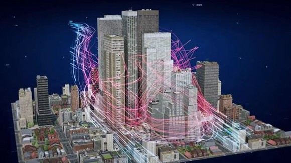 빌딩풍의 발생경로를 보여주는 3D그래픽. 벽면을 따라 하강한 바람이 강한 상승기류를 형성해 거꾸로 몰아치는 역풍이 발생한다. ⓒ SK브로드밴드 부산방송