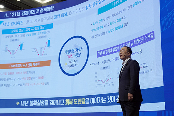 홍남기 경제부총리는 '민생 개선과 지역경제 활성화'에서 코로나19 피해로 소상공을 위해 충분한 맞춤형 지원 대책을 조속히 마련해 내년 1월 지급이 개시될 수 있도록 할 것이라고 밝혔다. ⓒ 청와대