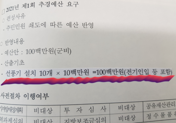 본지가 입수한 기장군 '정자 선풍기' 설치 추경예산 편성 내용. 10대 설치하는데 비용이 1억원으로 산정 돼 있다. ⓒ 프라임경제