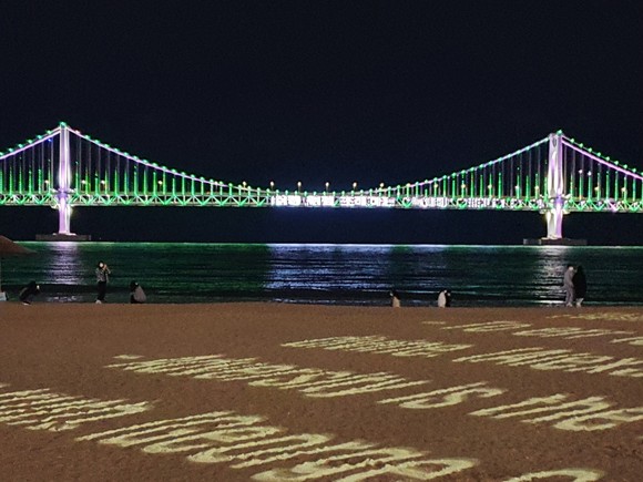 부산시와 한국녹내장학회는 세계 녹내장 주간에 캠페인 일환으로 저녁 8시부터 광안대교에 녹색등을 점등해 실명 예방 범국민 캠페인을 열고 있다. ⓒ 정근안과