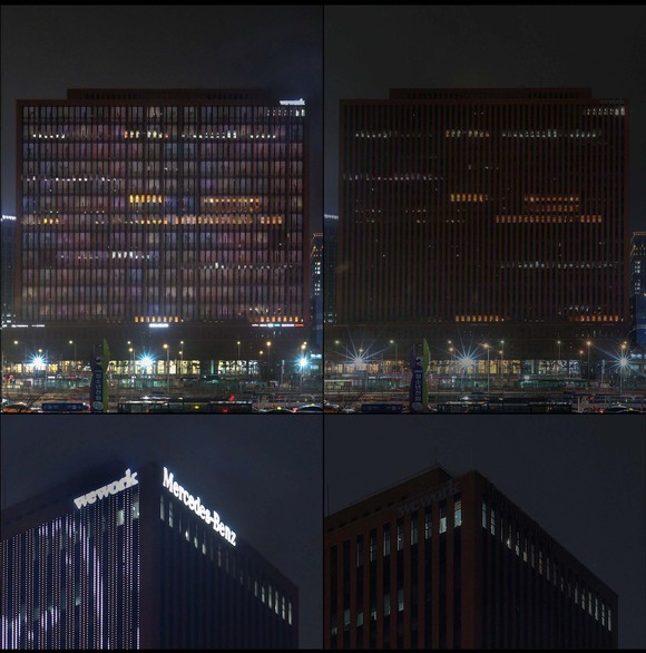 메르세데스-벤츠 코리아의 한국 사무실이 위치한 서울스퀘어 및 메르세데스-벤츠 전시장 소등 전후 모습. ⓒ 메르세데스-벤츠 코리아