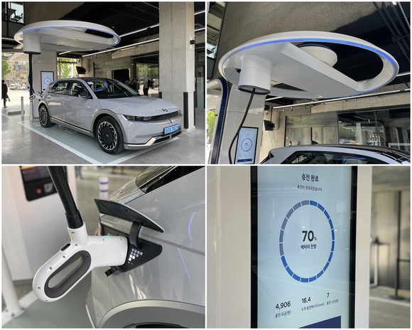아이오닉 5를 충전하는 모습과 배터리 잔량을 확인할 수 있는 사진들. = 노병우 기자