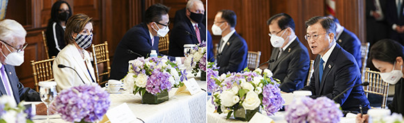 문 대통령은 미 하원 지도부와 간담회에서 한미 동맹 발전과 한반도 평화 등 상호 호혜적인 교류와 합력을 위한 미 의회의 지속적인 지원을 당부했다. ⓒ 연합뉴스