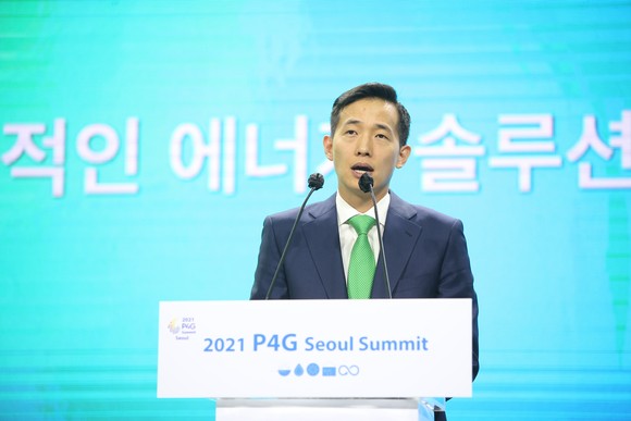 31일 2021 P4G 서울 정상회의 에너지세션 기조연설에 나선 김동관 한화솔루션 대표이사. ⓒ 한화