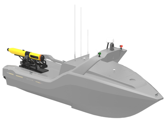 합성개구소나(SAS)와 측면주사소나(SSS)가 탭재된 무인잠수정(USV). ⓒ 한화시스템