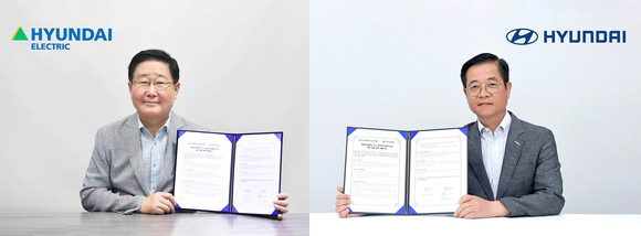왼쪽부터 조석 현대일렉트릭 대표이사, 김세훈 현대차 연료전지 사업부 부사장이 기념촬영을 하고 있는 모습. ⓒ 현대자동차