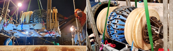SK에너지 울산CLX에서 해저배관 검사를 위해 No.2 부이 해저배관에 인텔리전트 피그를 하역(왼쪽) 및 투입(오른쪽) 하고 있다. ⓒ SK에너지