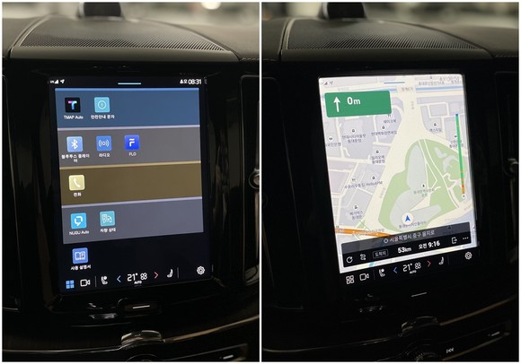 신형 XC60은 내비게이션 티맵(Tmap)과 AI 플랫폼 누구(NUGU), 사용자 취향 기반 음악 플랫폼 플로(FLO)를 통합한 개인 맞춤화된 혁신적인 커넥티비티 서비스를 제공한다. = 노병우 기자