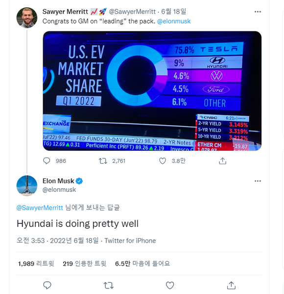 일론 머스크 테슬라 CEO가 자신의 트위터에 남긴 멘션. ⓒ 일론 머스크 트위터