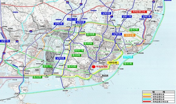 부산광역시 도로건설관리계획 주요도로망(동서7축 × 남북7축 + 4R(순환망) + 4보조축). ⓒ 부산시