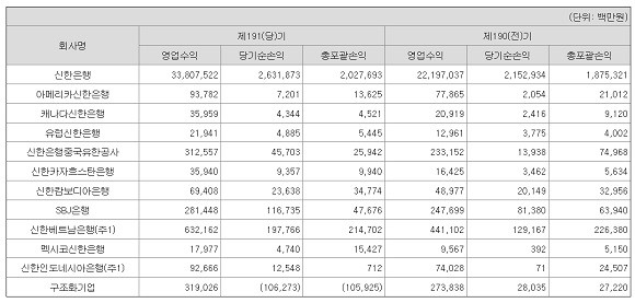 신한은행 연결대상 종속기업 요약포괄손익계산서. ⓒ 전자공시시스템