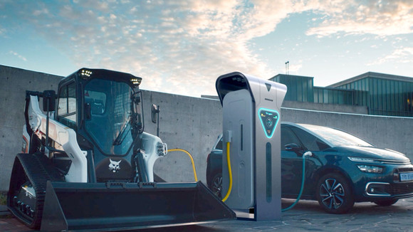 두산퓨얼셀 트라이젠으로 전동식 로더와 수소차를 동시에 충전하는 콘셉트 이미지. ⓒ 두산