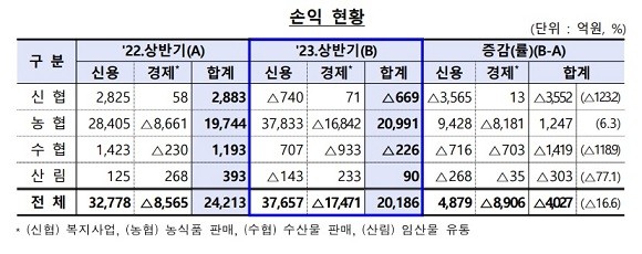 상호금융조합 상반기 손익 현황. ⓒ 금융감독원