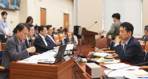 윤한홍 국민의힘 의원(왼쪽)이 김주현 금융위원장에게 질의하고 있다. = 장민태 기자