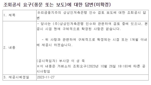 조회공시 요구에 대한 우리금융그룹 답변. ⓒ 금융감독원 전자공시시스템