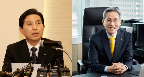 (왼쪽부터) 임영록 전 KB금융 회장과 윤종규 KB금융 현 회장. ⓒKB금융그룹 편집