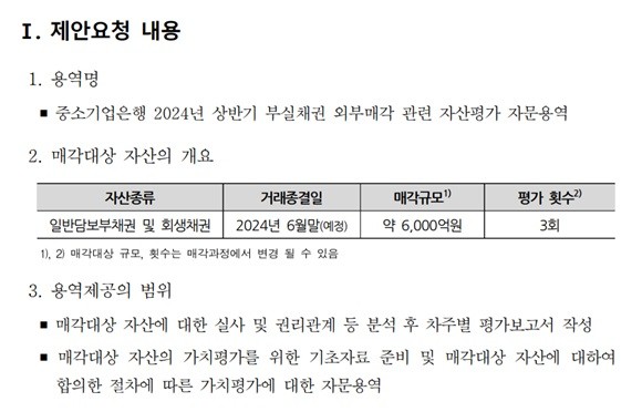 기업은행이 부실채권 매각을 추진하기 위해 자산평가 자문사 선정 공고를 냈다. ⓒ 기업은행 공고문 갈무리