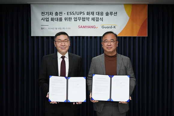 (왼쪽부터) 구본욱 삼양옵틱스 구본욱 대표와 조욱래 가드케이 대표가 사진 촬영을 하고 있다. ⓒ 삼양옵틱스