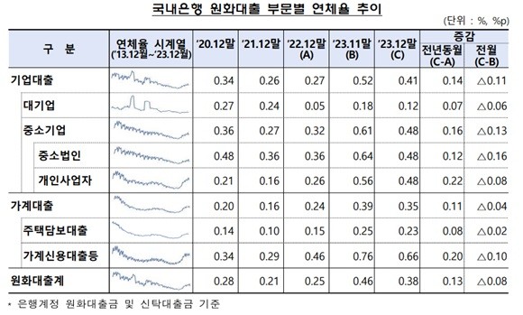 국내은행 원화대출 부문별 연체율. ⓒ 금융감독원