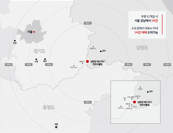 서울과 남한강에스파크CC 거리 ⓒ 남한강에스파크CC