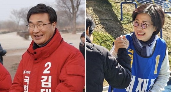 부산 사상구 국민의힘 김대식 후보(왼쪽)와 더불어민주당 배재정 후보(우)가 선거운동 하는 모습. ⓒ각 후보자캠프