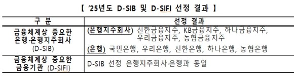 2025년도 D-SIB·D-SIFI 선정 결과. ⓒ 금융위원회