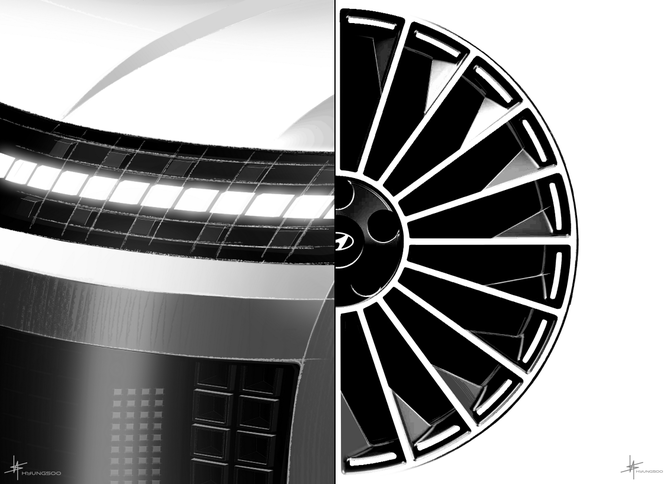 아이오닉 9 전면 램프 티저 이미지와 멀티스포크 휠 티저 이미지. ⓒ 현대자동차