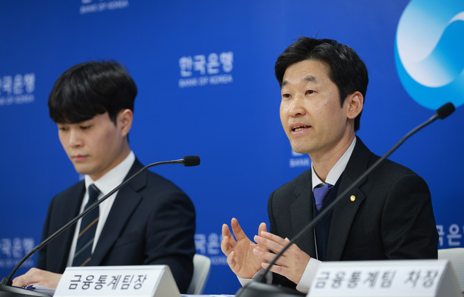 김민수 한국은행 금융통계팀장(오른쪽)이 3분기 가계신용에 대해 설명하고 있다. ⓒ 한국은행