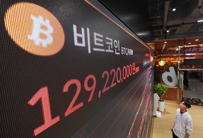 지난 20일 오후 서울 서초구 빗썸라운지 강남점에 비트코인 실시간 거래 가격 현황판 모습. ⓒ 연합뉴스