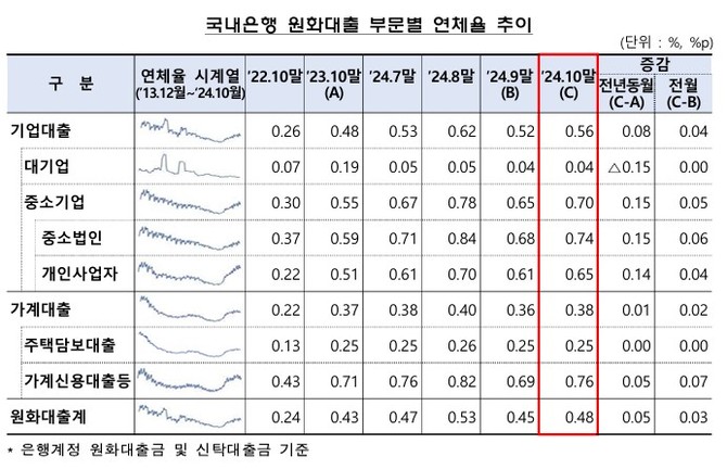 국내은행 원화대출 부문별 연체율 추이. ⓒ 금융감독원