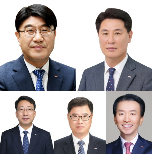(왼쪽 위부터 시계방향으로) 방성빈 부산은행장, 김태한 경남은행장, 김성주 BNK캐피탈 대표이사, 성경식 BNK자산운용 대표, 신태수 BNK신용정보 대표 후보자들. ⓒ BNK금융그룹