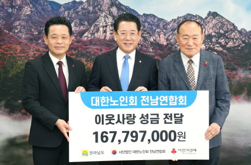 김영록 전라남도지사가 14일 도청 접견실에서 대한노인회 전남연합회 정양수 회장으로부터 관내 경로당 및 저소득 어르신 생계비 지원을 위한 성금 1억 6천8백여만 원을 기탁받고 있다. ⓒ전남도