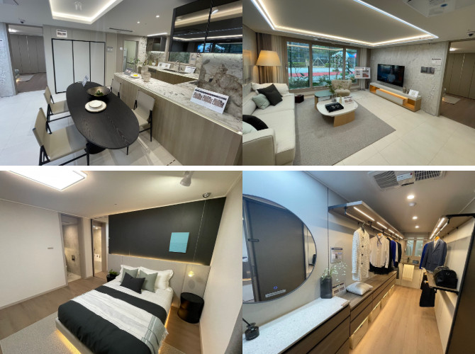 (상)전용면적 84A㎡ 유니트 주방 및 거실 내부. (하)109B㎡ 유니트 안방 및 드레스룸 내부. = 박선린 기자