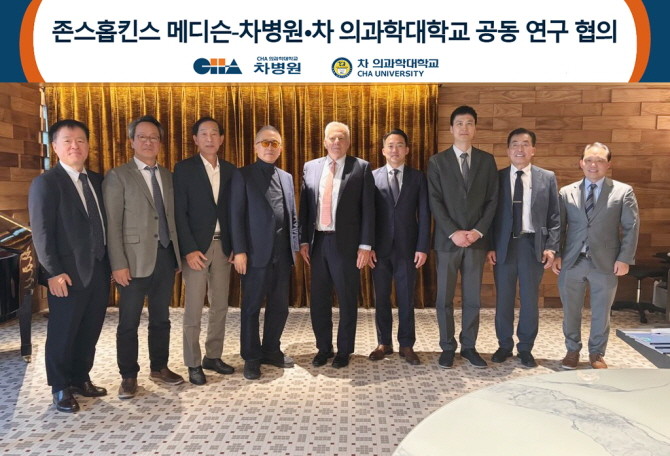 차광렬 차병원·바이오그룹 글로벌종합연구소장(사진 왼쪽 네번째)과 찰스 위너 존스홉킨스 국제의료 총장(사진 왼쪽 다섯번째), (사진 왼쪽부터) 최석윤 차바이오텍 총괄 부회장, 김재화 차움 원장, 윤도흠 차병원 의료원장, 차원태 차 의과학대학교 총장, 청다 장 글로벌서비스 디렉터, 김영탁 차 국제병원장, 윤사중 존스홉킨스 겸임 교수가 25일 차움에서 공동 연구 협의 후 기념 촬영을 하고 있다. © 차병원