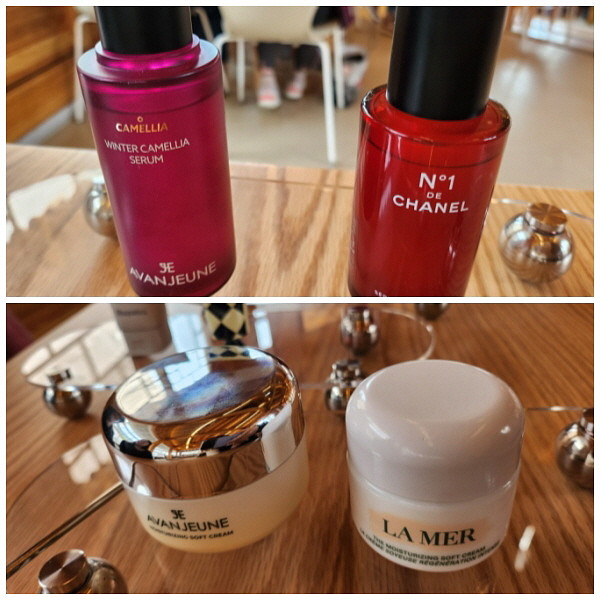 샤넬 까멜리아 세럼, 라메르 크림을 오마주한 와이레스의 '아방쥔 윈터 까멜리아 세럼'(사진 위) '아방쥔 모이스처라이징 소프트 크림'. = 추민선 기자