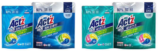 피죤이 세척력과 실내건조 성능을 한층 강화한 액츠 캡슐세제 4종을 새롭게 출시했다. © 피죤