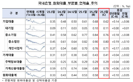 국내은행 원화대출 부문별 연체율 추이. ⓒ 금융감독원