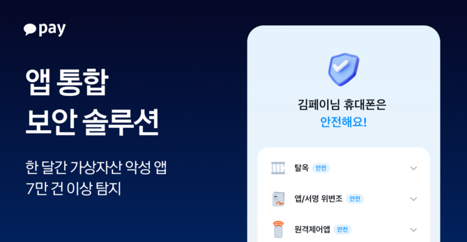 카카오페이는 '앱 통합 보안 솔루션' 서비스를 통해 최근 한달간 7만건 이상의 가상자산 관련 악성 앱을 탐지해 사용자에게 안내했다고 22일 밝혔다. ⓒ 카카오페이
