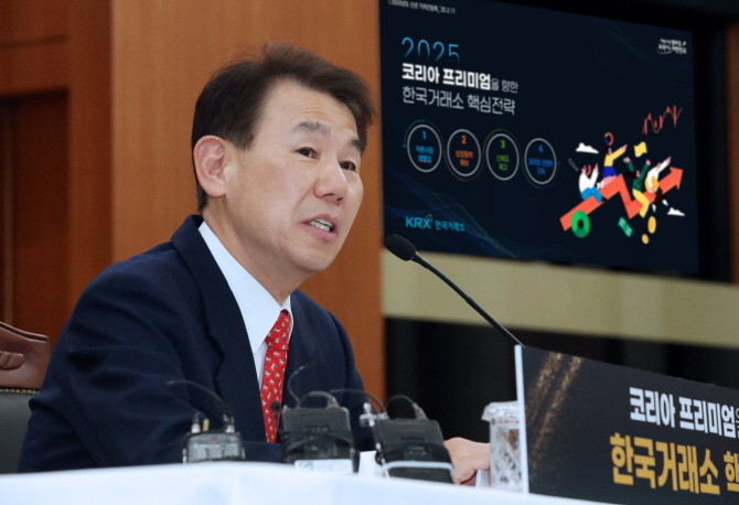 정은보 한국거래소 이사장이 지난 2월11일 신년 기자간담회에서 '코리아 프리미엄을 향한 거래소 핵심전략'을 발표하고 있다 ⓒ 한국거래소