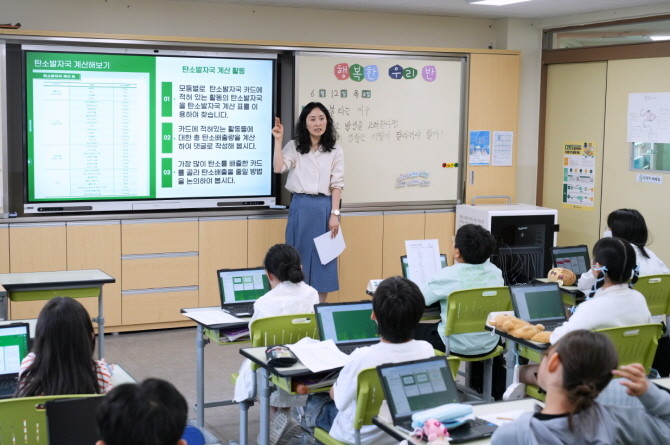 지난 12일 진행된 'WWF-P&G 탄소중립 및 전과정 평가 교육'에서 담당 선생님이 학생들에게 '전과정 평가'를 교육하고 있다. © 한국 P&G